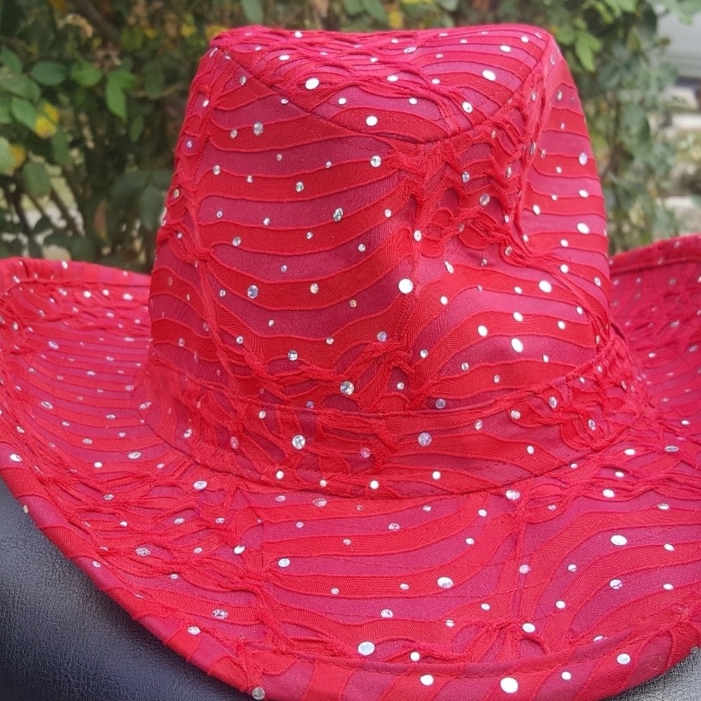 Something Special S.S L.A Elegant Red rhinestone western Hat with feather accent